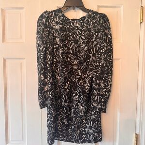 NWOT Topshop Long Sleeve Mini Dress in B&W floral, Size 8